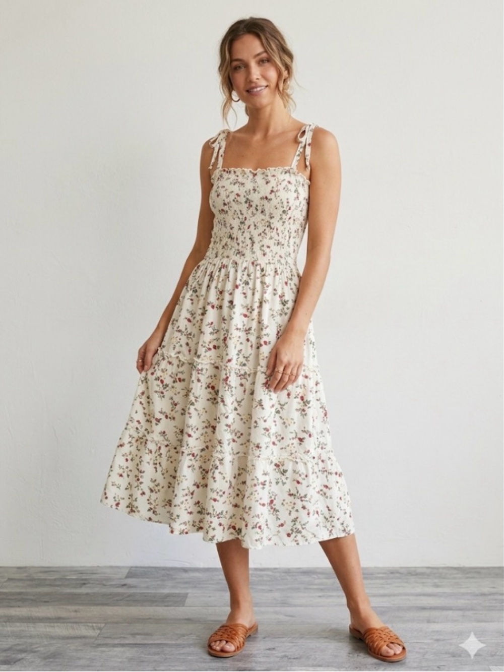 Vine and Valley Floral Midi Dress Large Smocked Tiered Boho Cottagecore Rayon